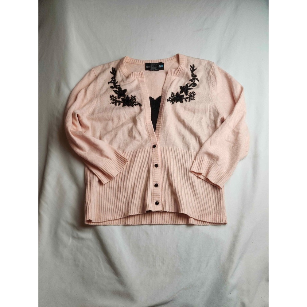 Requirements Petite Peach Pink Cardigan Black Floral Embroidery V-Neck Womens PL